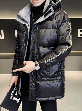 中长款羽绒服男2024新款w连帽加厚保暖时尚休闲条纹织带冬季外套