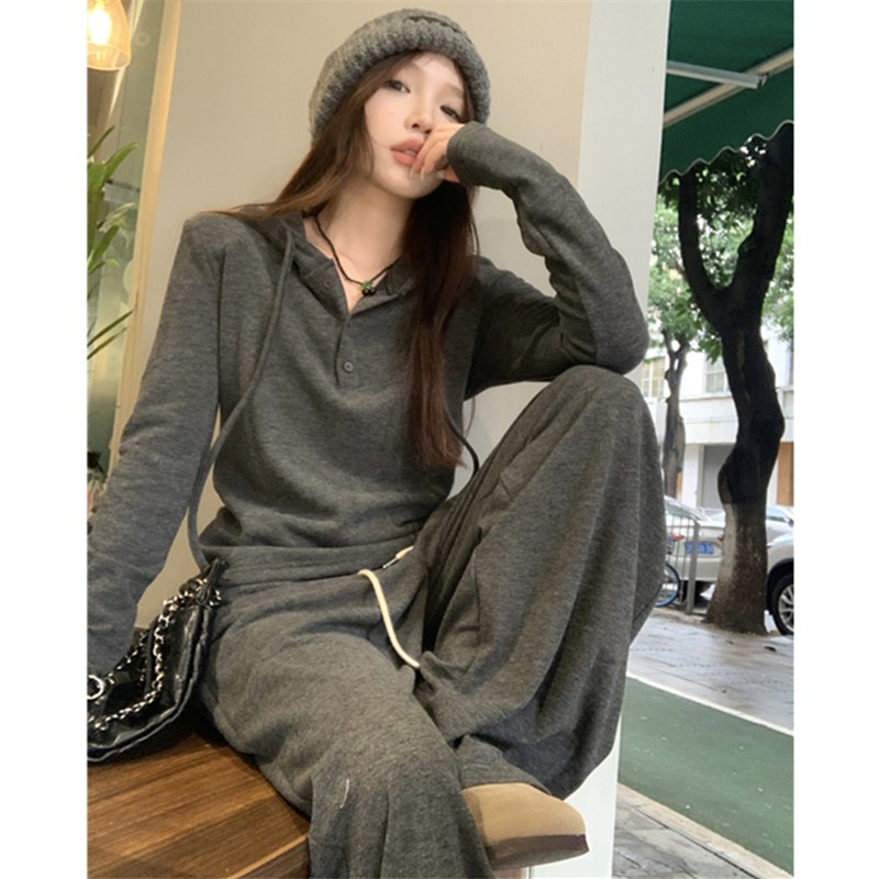 跑步服休闲运动套装女春秋阔腿裤宽松显瘦韩版时尚两件套卫衣连帽