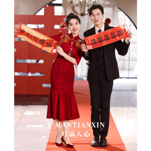 敬酒服旗袍2024新款 订婚礼服高级感结婚鱼尾连衣裙 新娘酒红色中式