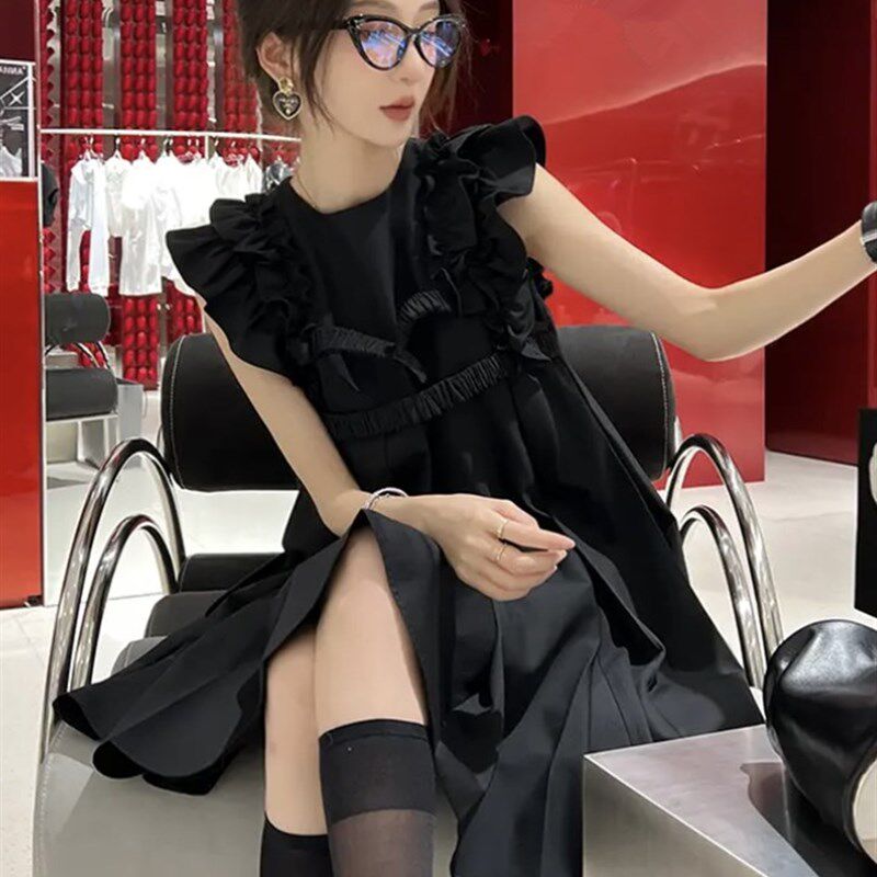 2023新款无袖荷叶边拼接女夏季小E个子气质宽松洋气A字孕妇连衣裙