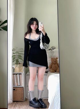 大码甜辣妹早秋穿搭一整套胖mm收腰挂脖灰色连衣裙女防晒罩衫套装