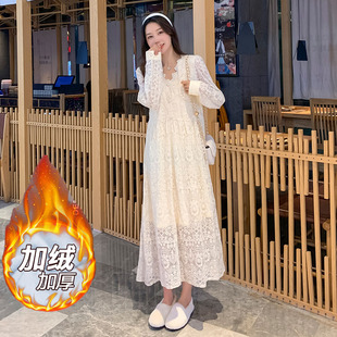 孕妇装2021新款秋冬装孕后期洋气加绒保暖潮妈连衣裙冬Z季蕾丝长