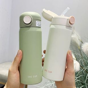 保温杯女学生简约便携小巧水杯可爱精致韩版个性潮流吸管式男杯子