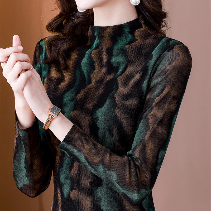 加绒加厚半高领长袖T恤女士秋冬大码内搭上衣洋气网纱显瘦打底衫