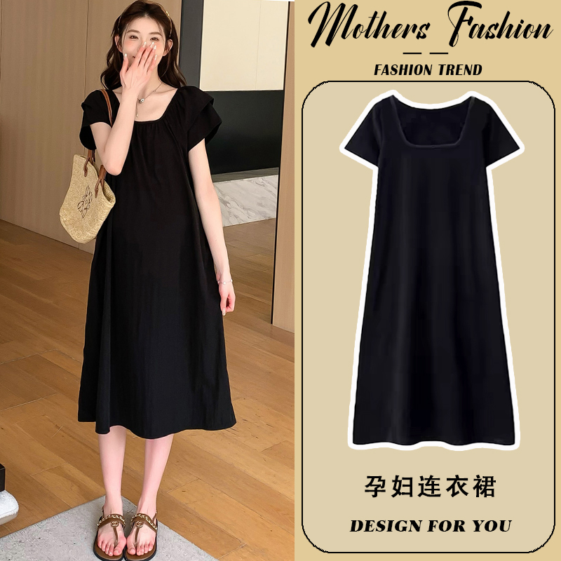 孕妇连衣裙夏季2024新款黑色宽松方领显瘦时尚洋气薄款短袖中长款