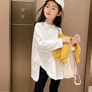 女大童白色纯棉长袖t恤春秋装中长版打底衫内搭儿童女孩童装上衣