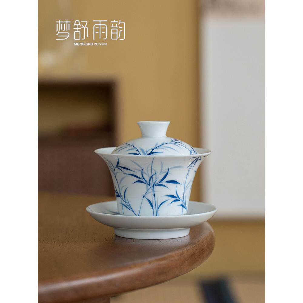 甜白瓷手绘青花竹三彩碗陶瓷盖碗茶杯功夫茶套装家用大茶碗