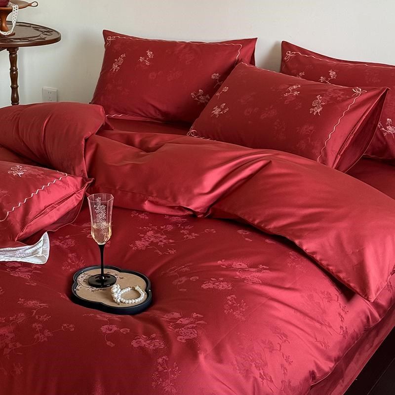 纯棉结婚床上用品四件套全棉婚庆大红色床单被套喜被新婚嫁房被罩