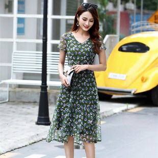 多田伊秀连衣裙女装淑女气质印花修身显瘦夏透气中年妈妈V领弹力