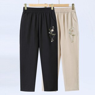 中老年女装夏季薄款九分裤时尚绣花小脚裤棉麻宽松妈妈高腰休闲裤