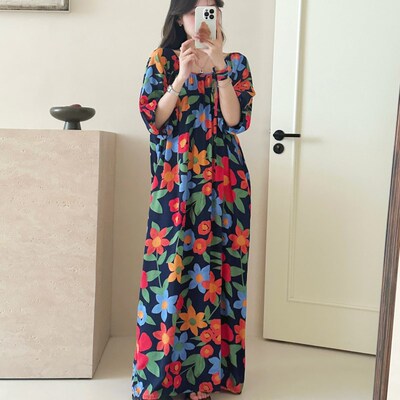 带口袋系绳加长加大棉绸连衣裙女纯棉绸宽松度假复古慵懒外穿长裙