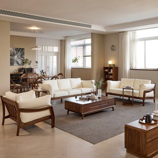 北美黑胡桃木沙发现代简约客厅全实木布艺沙发北欧冬夏两用木沙发