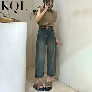 九分小个子老爹裤 复古色哈伦牛仔裤 高腰宽松显瘦阔腿裤 新款 女秋季