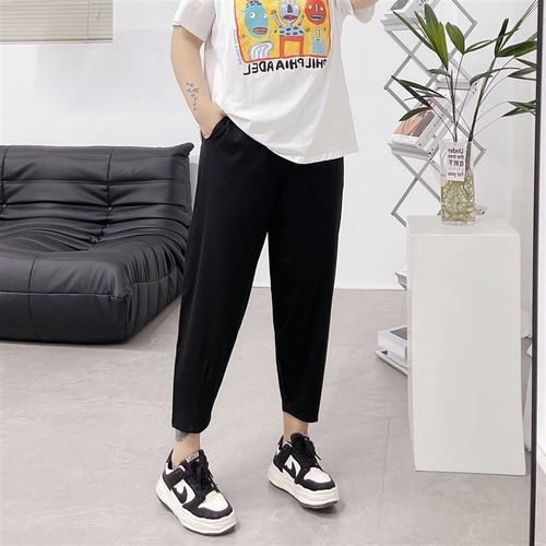 黑色裤子女春夏薄款显瘦八九分萝卜宽松哈伦松紧腰大码胖MM休闲裤