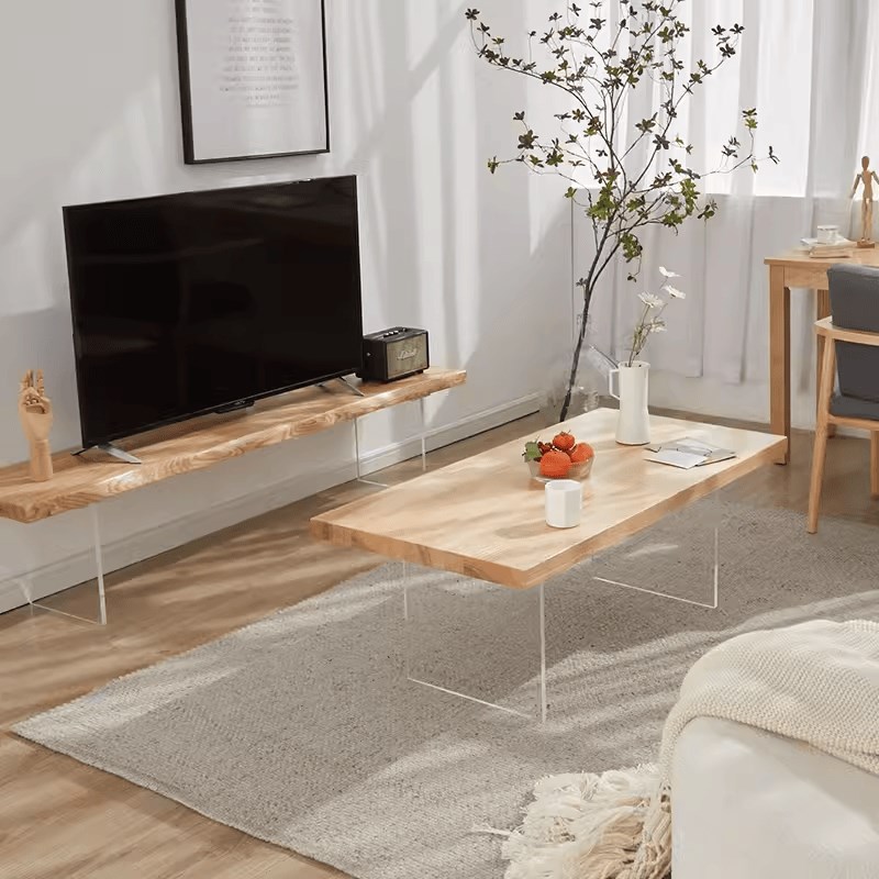北欧白蜡木茶几小户型实木方桌子亚克力侘寂风悬浮茶桌电视柜组合