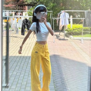 子女街头多巴胺百搭宽松直筒长裤 刺绣显瘦拖地牛仔阔腿裤 新款 夏季