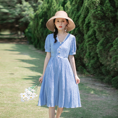 2021夏季新款小个子裙子仙女超仙森系气质女神范法式高腰线连衣裙