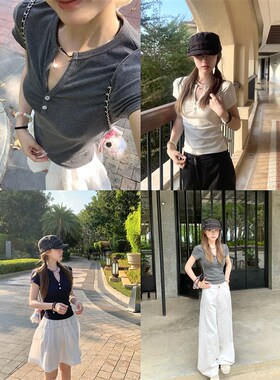 Oguuo 小v领设计感显瘦针织灰色t恤女春夏纯欲风甜辣正肩短袖上衣