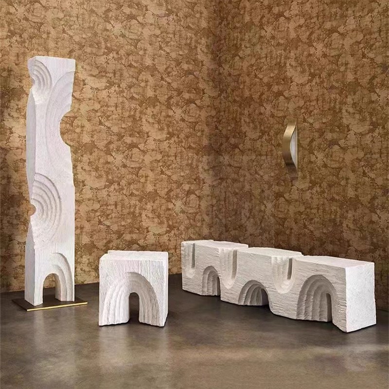 黄洞石四面开槽几何体大理石六面体雕塑台软装居家电视柜落地摆件