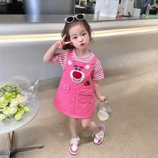 女童卡通玫红熊背带裙两件套2024女小童可爱套装儿童夏装洋气甜美