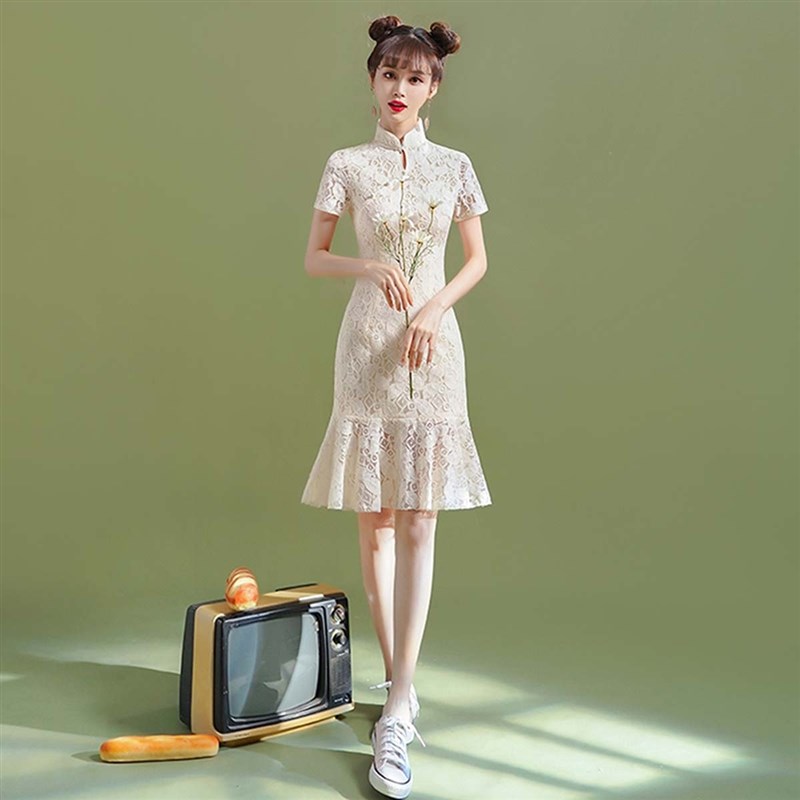 服装纸样883旗袍鱼尾连衣裙夏季短款小个子蕾丝少女气质裁剪样板