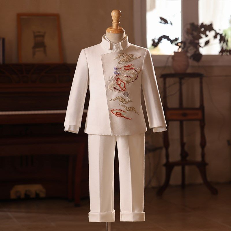 儿童西装套装男童礼服白色新中式中国风主持人走秀比赛钢琴演出服
