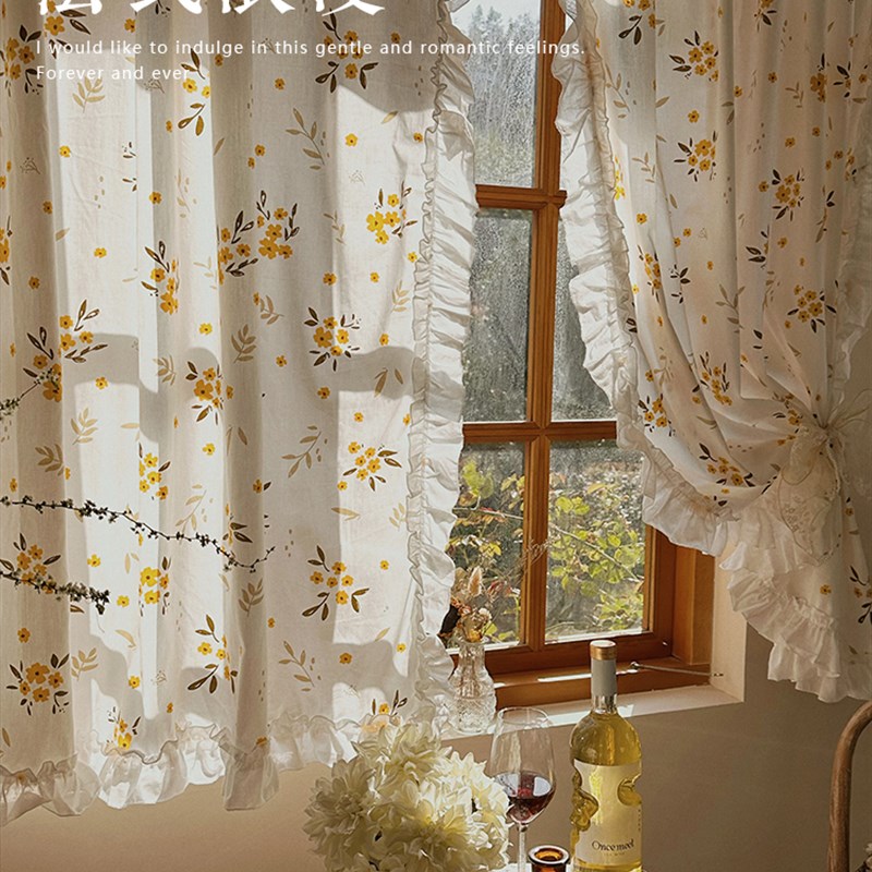法式复古浪漫韩式田园小清新碎花半帘纯棉布窗帘荷叶边免打孔门帘
