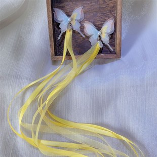 古风仙气薄纱绿色系多层蝴蝶儿童汉服手工中国风发夹飘带流苏配饰