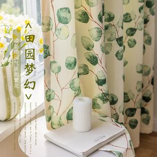 田园风半遮光棉麻印花客厅落地窗帘飘窗卧室书房阳台半布半纱 美式