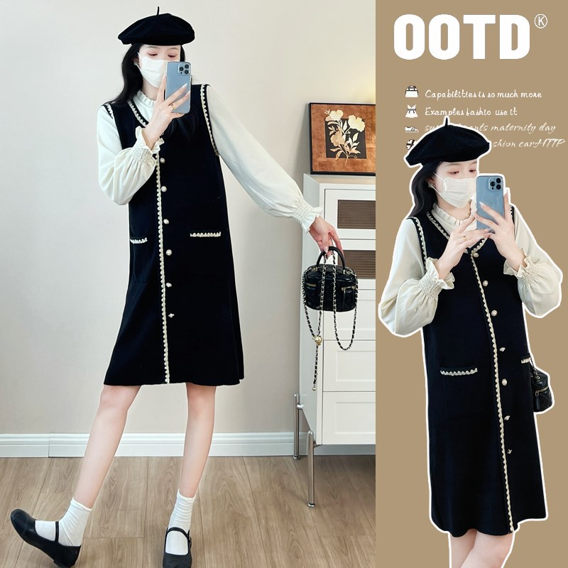 孕妇秋冬假两件连衣裙拼接毛呢长袖衬衫显瘦泡泡袖小个子气质裙子