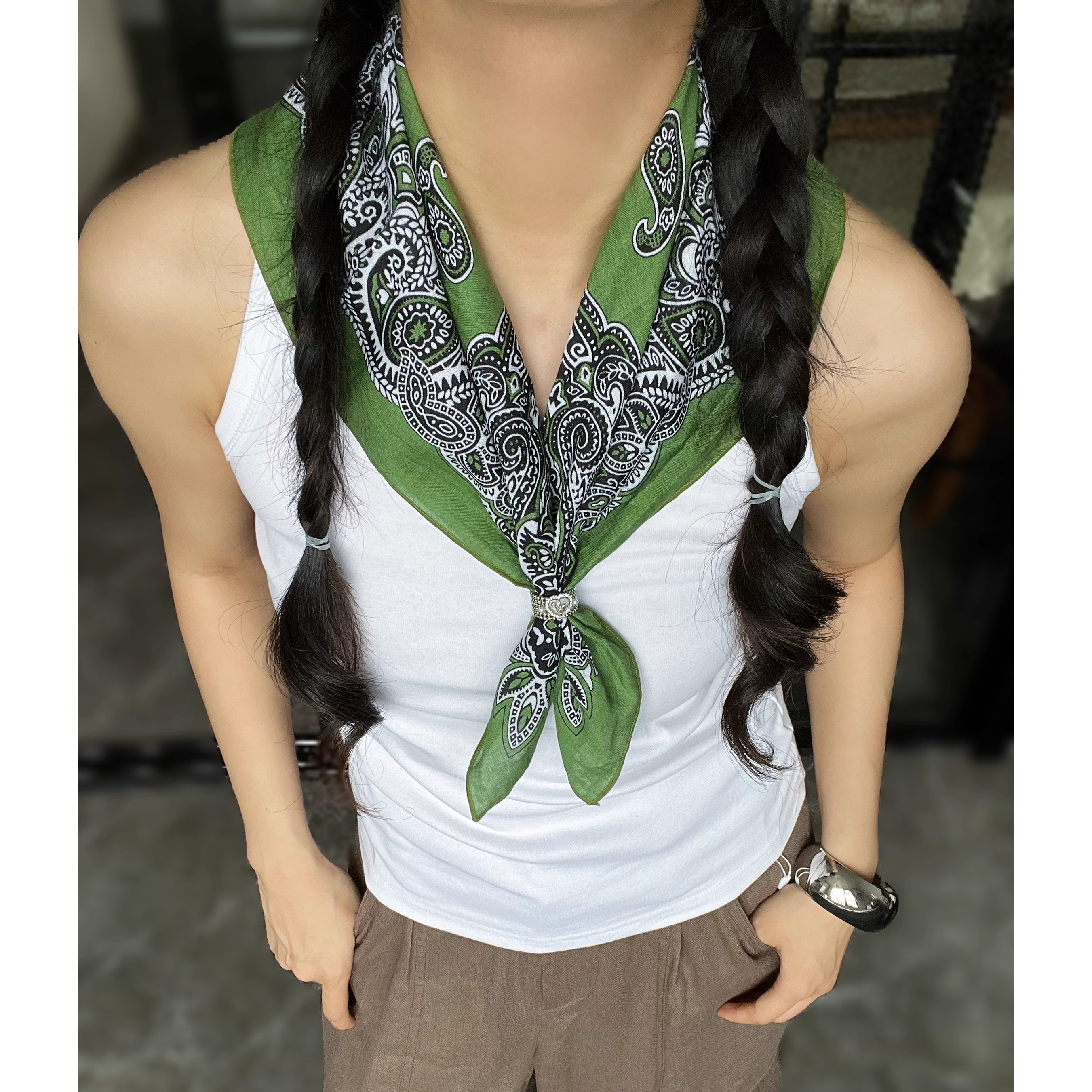 绿色田园风腰果花小方巾复古森系春秋季新款领巾丝巾韩系围巾男女