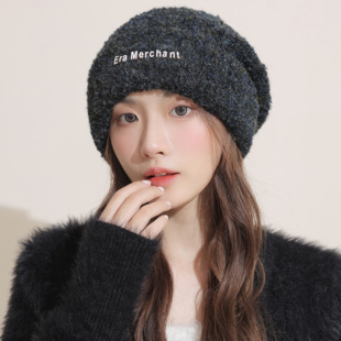 毛线帽简约纯色坑条护耳保暖男女款 英文字母小标加厚冬季 大头围帽