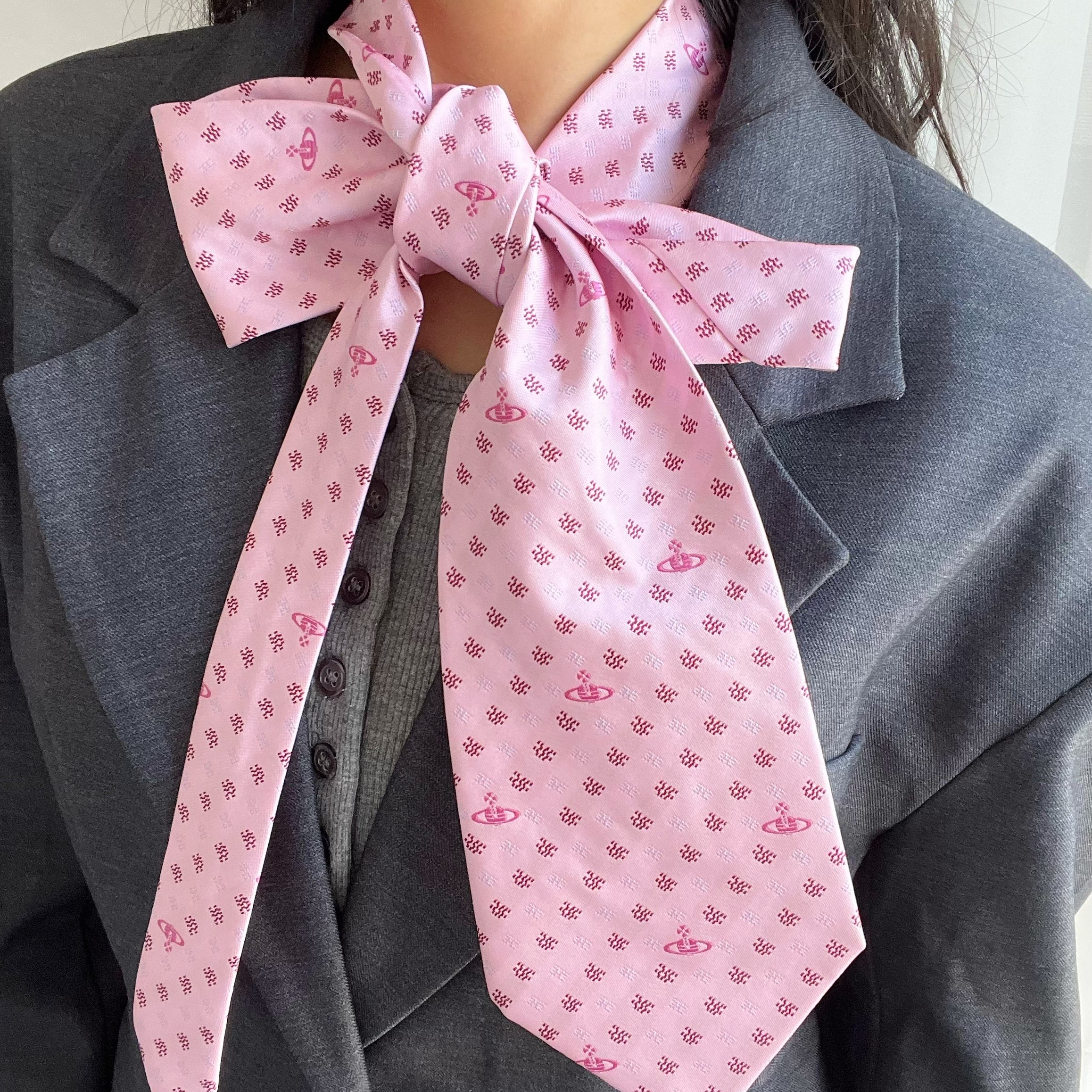 甜美粉色波点土星领带高级感时髦裤子系腰带腰绳配饰手打领巾颈饰