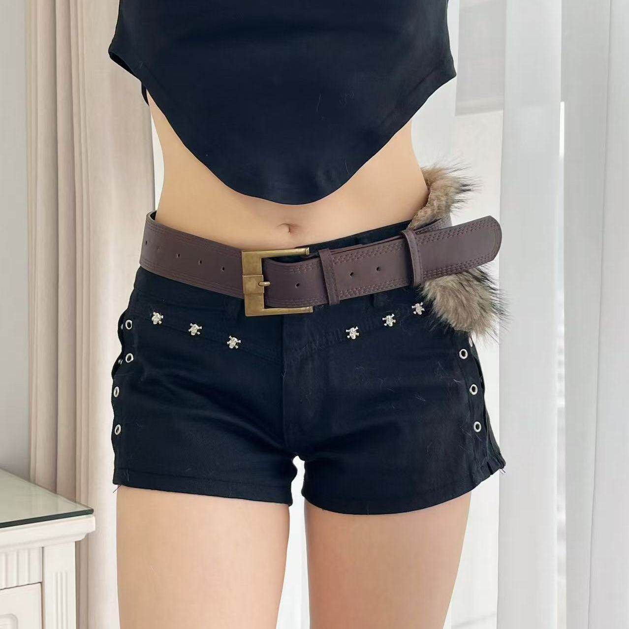 美式复古棕色毛毛腰带女款高级感辣妹风配牛仔裤皮带收腰显瘦腰封