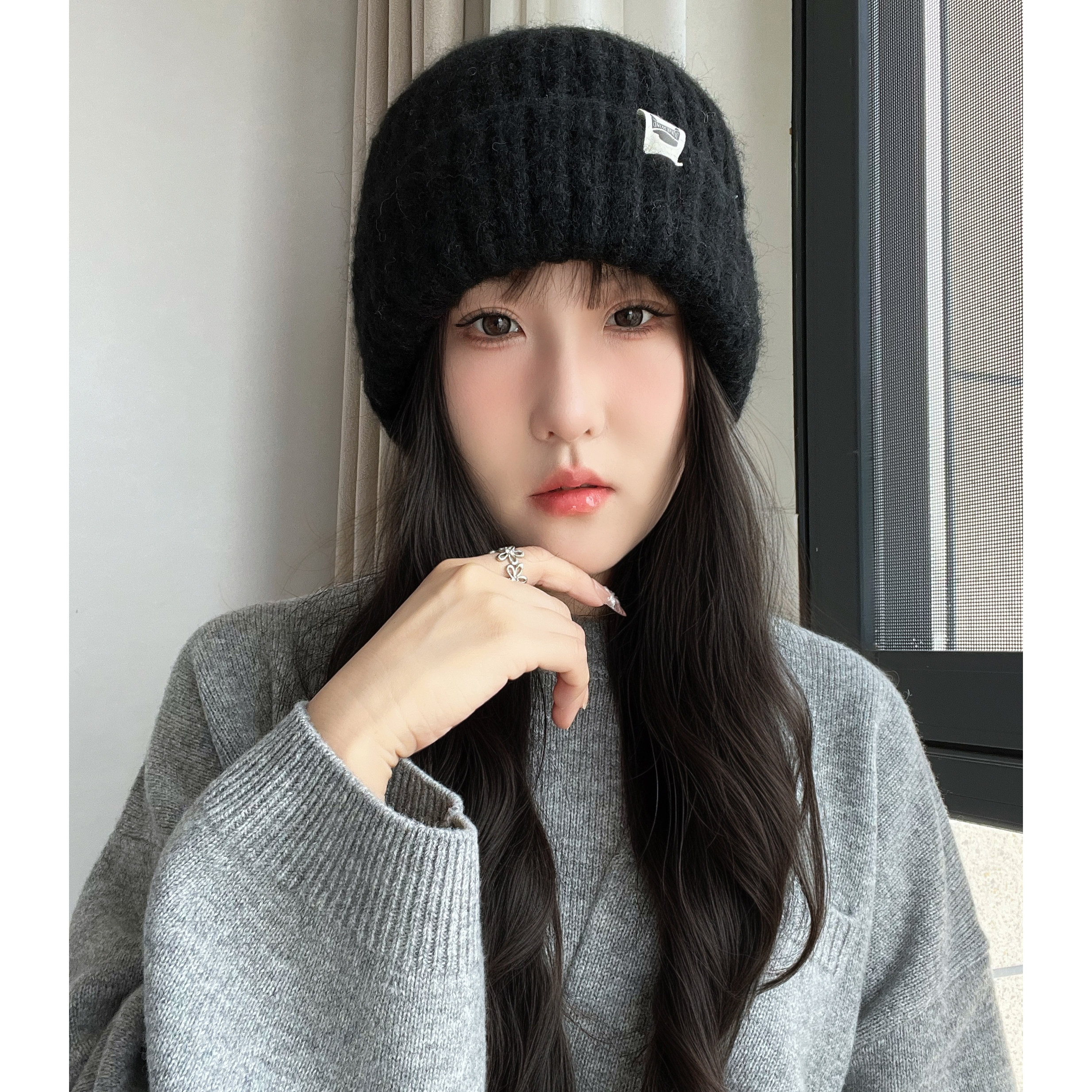 秋冬季新款大头围男女保暖护耳针织帽纯色小标卷边粗线弹力包头帽