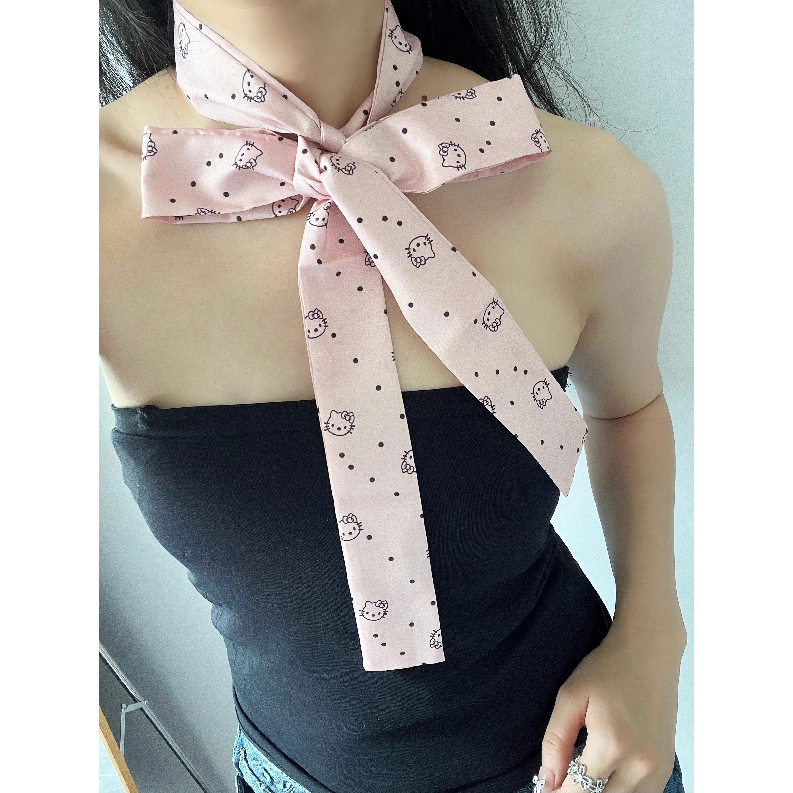 香槟粉色可爱猫猫图案长条腰带可爱少女风领带款腰配饰休闲个性款