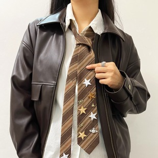 手工定制款vintage中古棕色斜纹星星领带女复古学院风领巾配饰潮