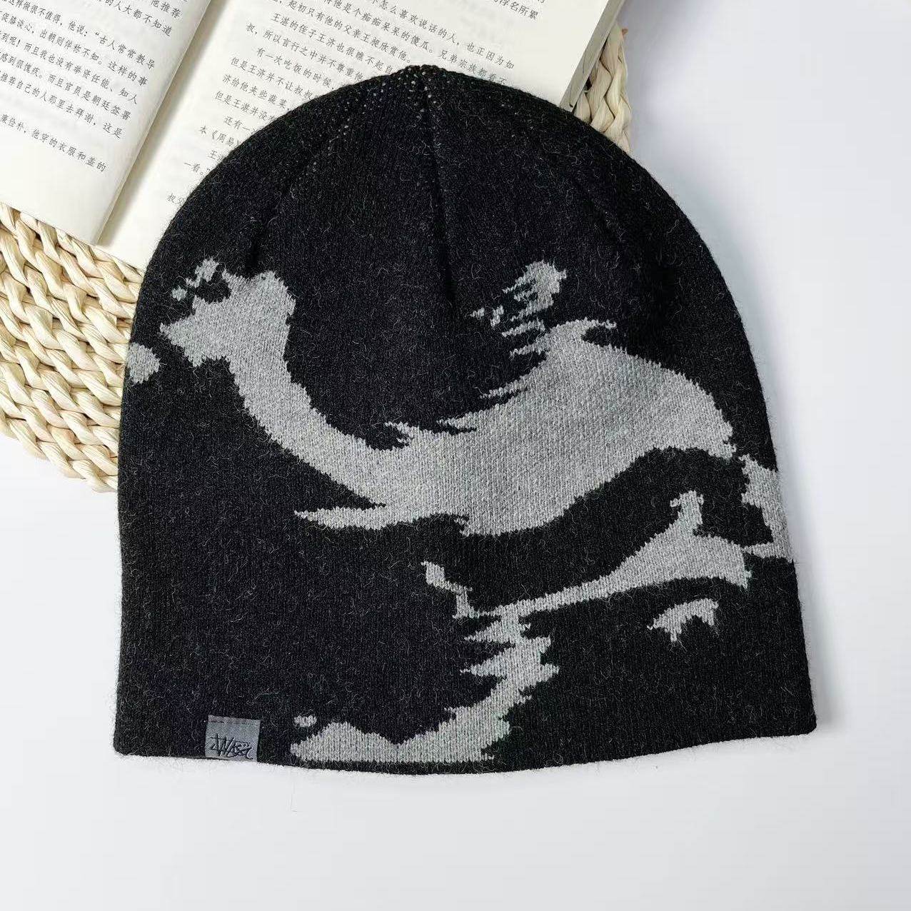美式男女秋冬保暖护耳冷帽大头围包头毛线帽子嘻哈旋涡涂鸦针织帽