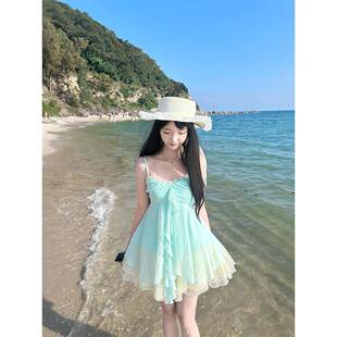 法式 小个子薄荷绿海边度假短裙 甜美蕾丝拼接吊带连衣裙女夏季 新款