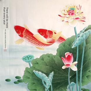 国画工笔画成品画芯无裱花鸟画133.2cm斗坊荷花鱼纯手绘正品装饰
