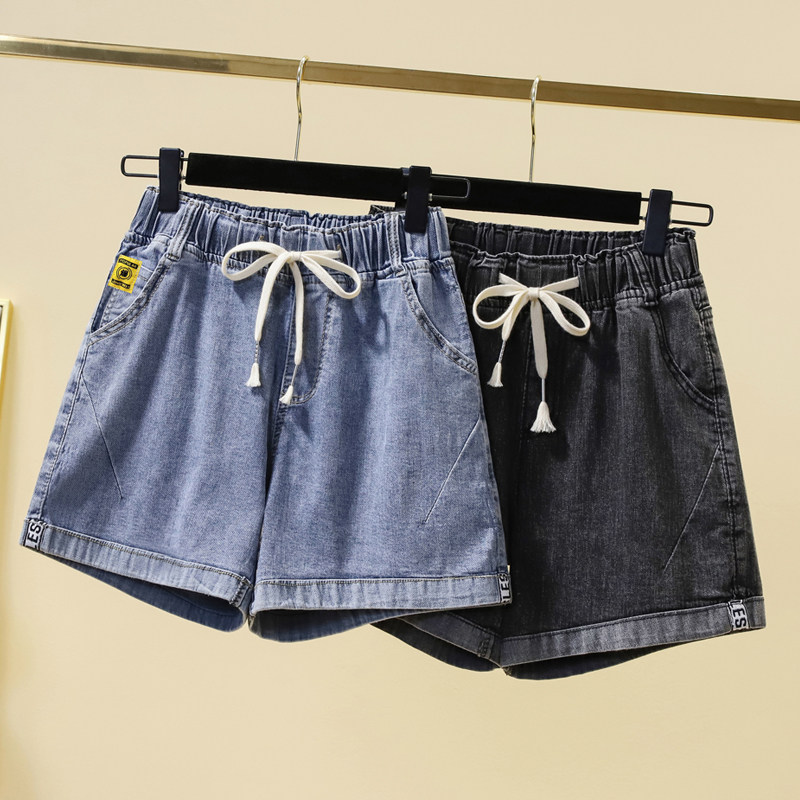 大码女装高腰抽绳牛仔短裤夏季胖mm遮肉显瘦学生百搭阔腿A字热裤