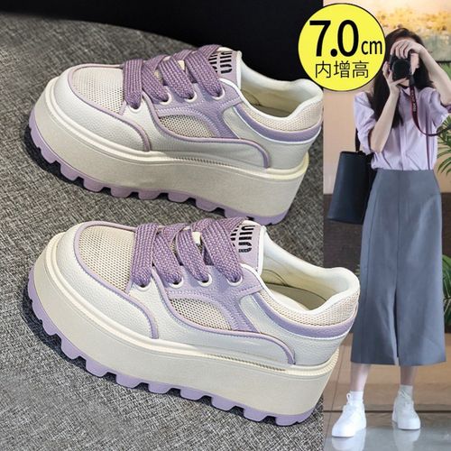 小白鞋女2025春夏季新款增高百搭运动休闲厚底透气网面配裙子板鞋