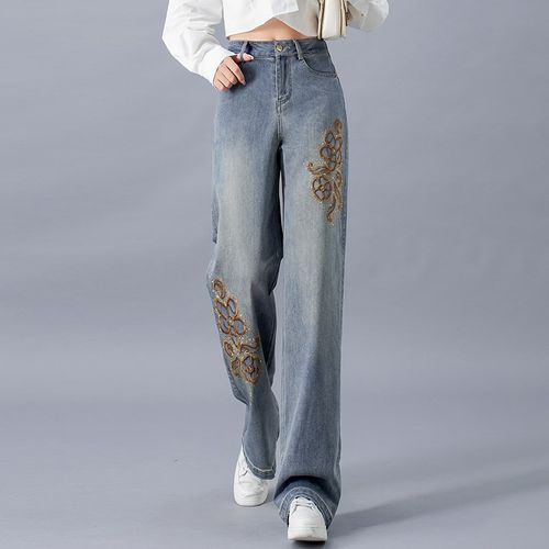 新中式重工刺绣牛仔阔腿裤女2025春秋新款高腰国风宽松显瘦拖地裤