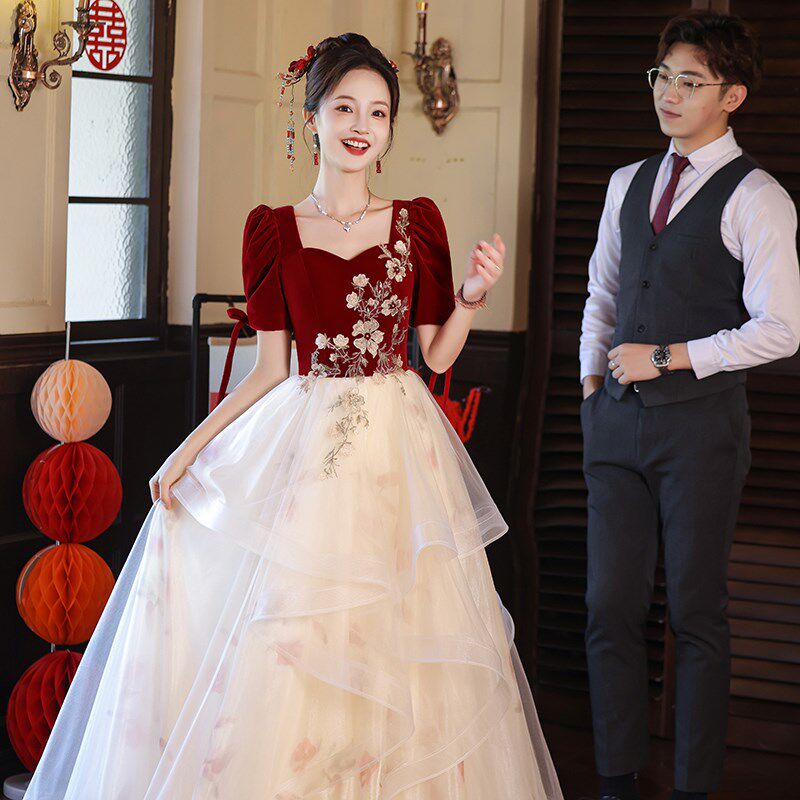 大码敬酒服新娘胖mm200斤订婚晚礼服婚纱高腰遮肚子结婚回门服夏