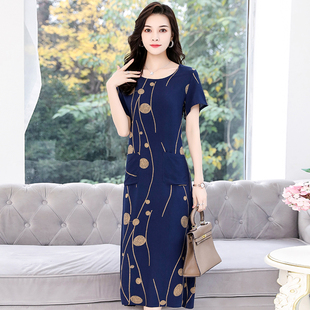 棉麻连衣裙大码 中年女过膝长款 女装 50岁妈妈装 裙 2020夏季 修身 新款