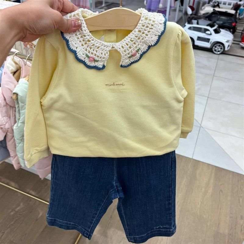 韩国童装 24秋款女童甜美手工钩花领亲肤长袖T恤 舒适打底衫上衣,童装/婴儿装/亲子装,卫衣/绒衫,淘宝优惠券,粉丝福利购,淘宝优惠卷