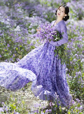 【紫萝藤蔓】复古波浪大摆半身长裙女2025年夏季雪纺印花紫色裙子
