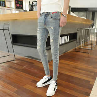 牛仔裤 潮流百搭休闲破洞裤 男潮牌小脚男士 韩版 子男 九分裤 2020夏季