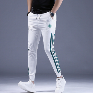 潮牌男休闲裤白色修身收口男士裤子潮流侧边条纹运动九分冰丝男裤