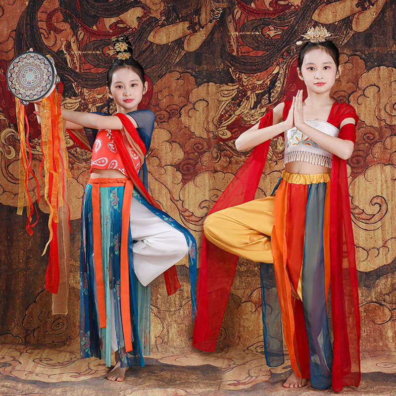 敦煌飞天乐鼓舞蹈服儿童楼兰风古典汉服古装妙音反弹琵琶表演服装